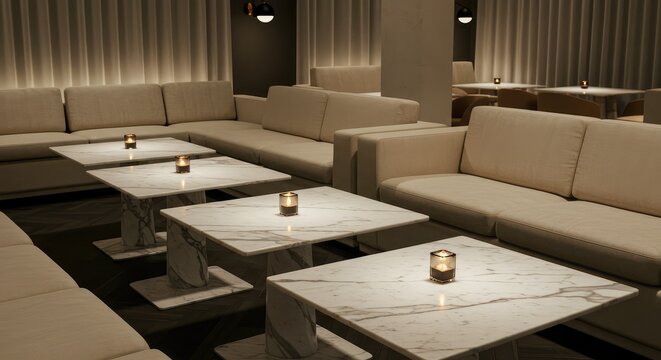 Elegant lounge seating with marble tables and ambient candlelight creates a sophisticated atmosphere perfect for upscale hospitality and modern business spaces.
