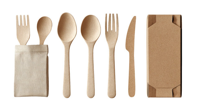Eco-friendly disposable cutlery set in a cloth pouch, next to a cardboard takeout container