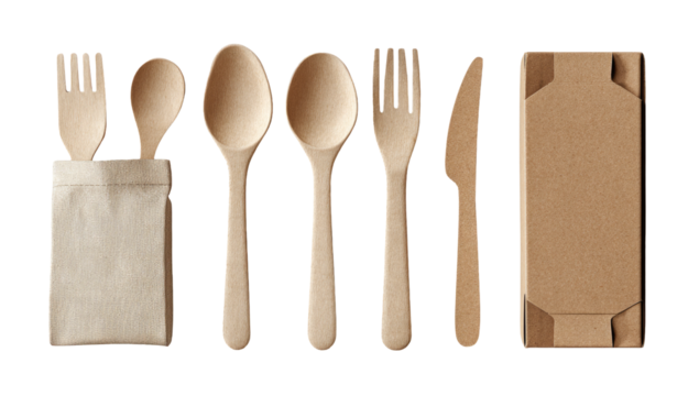 Eco-friendly disposable cutlery set in a cloth pouch, next to a cardboard takeout container
