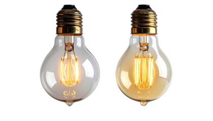 Two vintage-style light bulbs, side-by-side, glowing with warm light.  Glass bulbs, brass-colored bases, filament visible