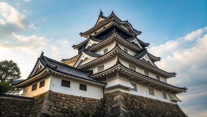 Obraz premium Low Angle View of Ozu Castle Tower in Ehime Japan with Blue Sky Background
