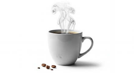 Fototapeta premium Hot Coffee in White Mug with Steam and Coffee Beans, Perfect for Breakfast Menu or Cafe Advertisement