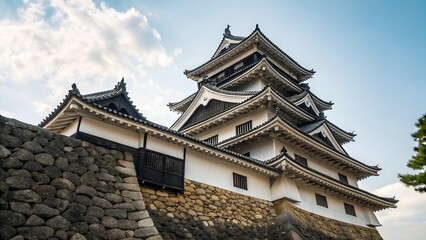 Low Angle View of Ozu Castle Tower in Ehime Japan with Blue Sky Background