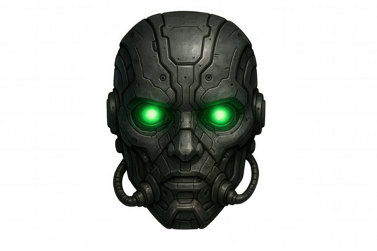 Illustration of a metallic robot head with glowing green eyes, circuits, and wires, isolated on a transparent background