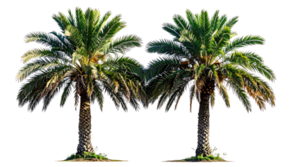 Two palm trees stand side-by-side against a black background.  Their fronds are a vibrant green, with subtle variations in shading.  