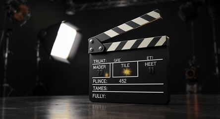Movie Clapperboard on Film Set, Cinematic Production Equipment, Filmmaking Scene, Studio Lighting