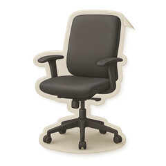 Fototapeta premium Black ergonomic office chair with wheels and armrests in paper cutout style, matte vinyl sticker, transparent background