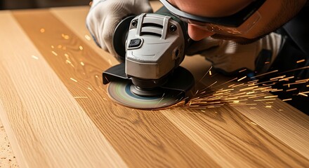 Carpenter using an angle grinder on wood.