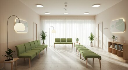 Serene modern waiting room with comfortable green seating, natural light, and calming decor creating a peaceful atmosphere for patients or clients.