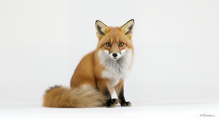 Fototapeta premium Red Fox Sitting on White Background Studio Shot, Wildlife Photography, Animal Portrait