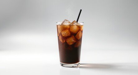 Refreshing Iced Coffee Drink in Glass with Ice Cubes and Straw