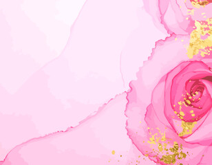 Abstract pink rose flower created with alcohol ink and gold glitter.