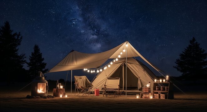 Romantic Camping Scene Under Starry Night Sky with Tent and String Lights