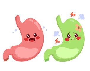 Cartoon illustration of a happy healthy stomach and a sad ill stomach, representing digestive health, illness and medical concepts