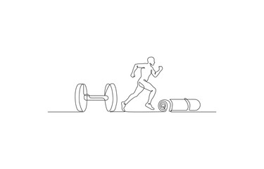 Dumbbell, Running Athlete and Yoga Mat – Continuous One Line Fitness Vector Illustration