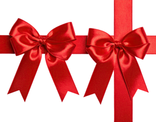 Two vibrant red satin bows tied to a ribbon against a black background