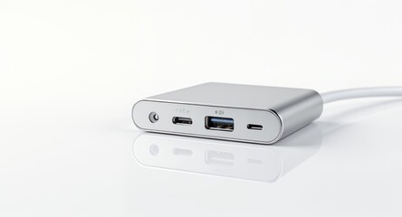 Silver USB-C Hub Adapter with Multiple Ports on White Background