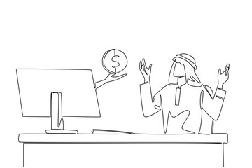 Single one line drawing hands out of monitor screen holding a penny. The offer releases the plummeting stock price. Will be bought up. Things from Screen. Continuous line design graphic illustration © Simple Line