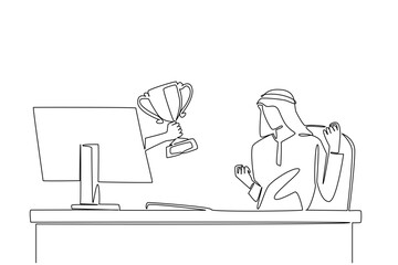 Fototapeta premium Single continuous line drawing hands out of the monitor screen while holding trophy. Inauguration as the most successful businessman in Arabia. Things from Screen. One line design vector illustration