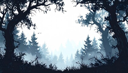 Mystical forest view with silhouettes of trees