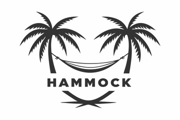 Hammock on Palm Trees Silhouette, Vacation on White Background, Relaxation Icon