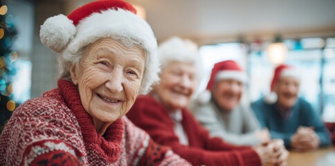 Elderly people celebrating Christmas at table wearing festive Santa hats in nursing home  