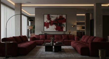 Luxurious modern living room bathed in soft ambient light featuring deep red plush sofas, abstract art, and elegant contemporary decor for sophisticated home staging.