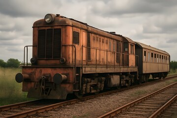 A rustic, vintage diesel locomotive pulling a classic passenger carriage on railway tracks, embodying a sense of nostalgia and industrial history.