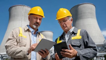 Collaboration in Energy: Two seasoned engineers, clad in safety gear, engage in an important discussion while reviewing data, underscoring a commitment to power plant innovation.