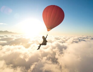 Person floats in hot air balloon above clouds