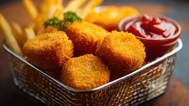 Crispy chicken pieces and herb fries in metal basket, perfect for casual dining concepts, snack promotions, and delicious visuals