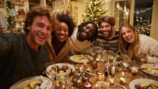 Group of friends taking selfie while celebrating Christmas dinner together  