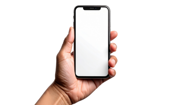 Hand holding a smartphone with a blank white screen