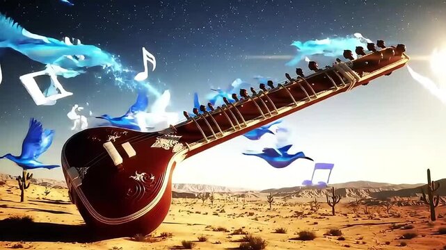 Giant Guitar Falling and Creating Magical Lightning Effects in Desert Landscape