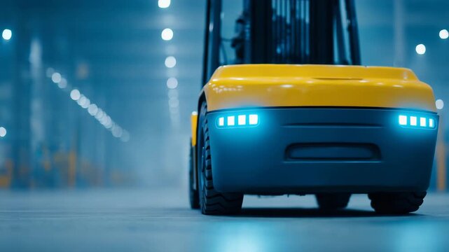 Industrial Lifter in Action: The dynamic shot of a state-of-the-art industrial lifter navigating the warehouse, its sleek design illuminated by a cool, ambient glow, embodying efficiency.