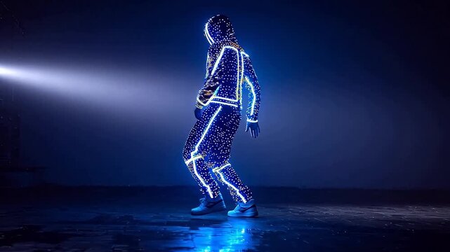Futuristic performer in an illuminated LED suit dancing solo on a dark stage with reflections