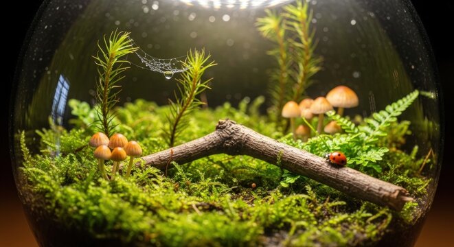 Enchanting miniature forest ecosystem thrives inside a glass terrarium with ladybug, mushrooms, and dew-kissed spiderweb.
