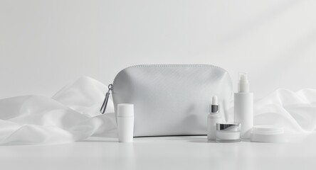 White cosmetic products and travel bag on white silk fabric background