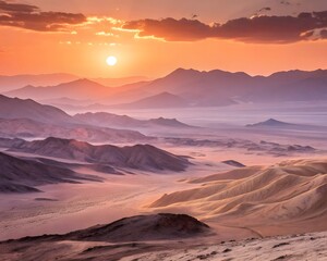 Majestic mountain landscape at sunset with vibrant orange sky and soft purple haze