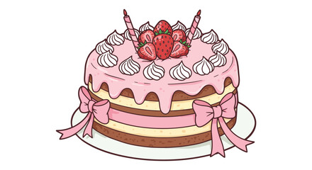 a delightful pink cake adorned with strawberries cream bows
