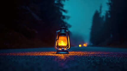 illuminated lantern in misty woods during nighttime, perfect for mystery concepts, journey themes, and eerie visuals