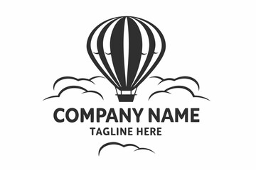 Monotone Hot Air Balloon with Clouds, Isolated on White Background, Art