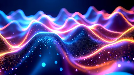 A vibrant, abstract depiction of flowing waves, illuminated by colorful lights, creating a mesmerizing digital landscape.