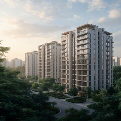 Obraz premium Aerial view of modern apartment buildings surrounded by lush greenery at sunrise