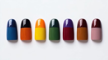 Nail varnish bottles arranged in row, perfect for beauty blogs, salon concepts, and colorful visuals