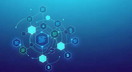 Interconnected digital icons forming a complex network on a blue background.