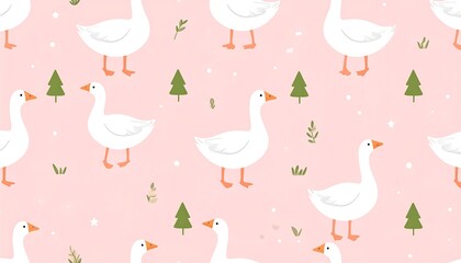Cute geese and trees repeating pattern on a pink background