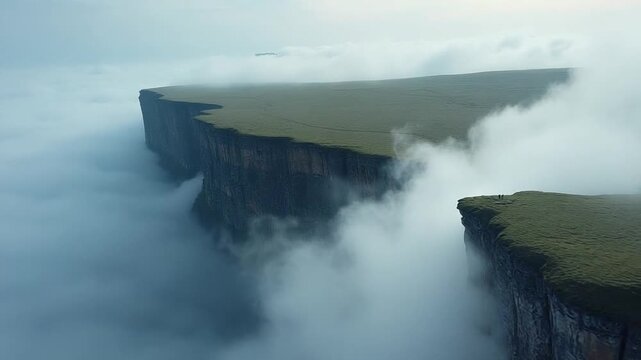 AERIAL. Beautiful steep cliffs shrouded in airy clouds. The Likoran plateau