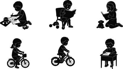 Children reading, drawing, riding bicycles, kids learning activities, creative education, school tasks, fun childhood silhouette vector illustration set.