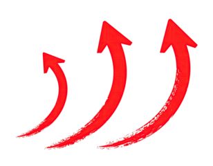 Three stylized, red upward-pointing arrows on black background